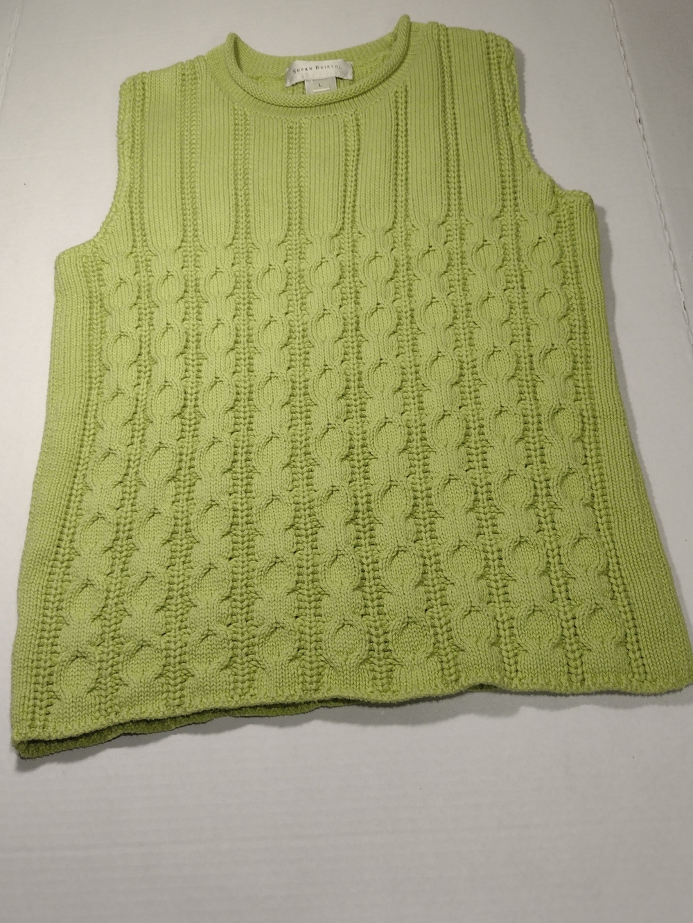 Susan Bristol Cable Knit Sweater - Lime Green Y2K Preppy Ivy League Sz Lg